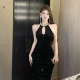 KYLETHOMASW  -  Autumn French High-end Fashion Evening Gown Women's Halter Neck Cutout Sequined Slim Party Dress Elegant Banquet Formal Dress