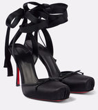 KYLETHOMASW  -  Pink Color Silk Satin Women Sandals Ankle Strap Lace-Up Ribbon Single Shoes Female Summer Elegant Lady High Heels Dressing Party