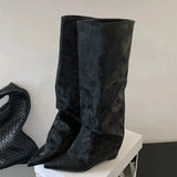 KYLETHOMASW  -  Black Wedges Long Boots Ladies Pointed Toe Chunky Shoe Fall Fashion Boots Designer Trousers wedges shoe woman Botas Altas