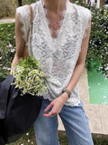 Limiguyue Korean V Neck Lace Vest Coat Women Summer Trendy Daily Pullover Outwear Loose White Sleeveless Office Work Tops 056B