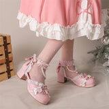 KYLETHOMASW  -  Women Kawaii Ankle Strap Lolita Pumps Round Toe Platform Thick Mid Heel Buckle Bow Bead Cosplay Lady Shoes Spring Autumn