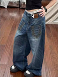 KYLETHOMASW  -  American Y2k Pocket Loose Jeans for Women Streetwear Low-waist Embroidery Denim Pants New Loose Straight Wide Leg Pants
