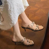 Kylethomasw Flower Heavy Industry Beautiful Slippers Open Square Toe Premium Sandals French Style Low Stiletto High Heels Women Shoes