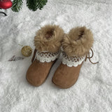 KYLETHOMASW  -  Sweet Lace Decoration Furry Suede Snow Boots Women 2025 Winter Thick Bottom Fluffy Fur Ankle Boots Warm Plush Designer Shoes