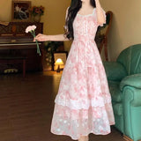 KYLETHOMASW  -  French tulip flower sweet temperament floral square neck long dress summer large size high waist thin gentle style dress