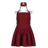 KYLETHOMASW  -  French Retro Red Bow Strap Neck Dress Waist Thin A Word Fluffy Suspender Short Skirt Spring