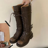 KYLETHOMASW  -  Fashion Punk Style Cross-Strap Low Heels Knee-High Boots Women Belt Buckle Round Toe Zipper Designer Shoes