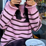 KYLETHOMASW  -  Fall/Winter Ladies Striped Warm Knitted Pullover Elegant Long Sleeve Loose Pink Sweater