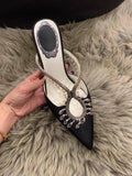 KYLETHOMASW  -  French Satin Rhinestone Stiletto High Heels Women's Pointed Head Crystal Pendant Bag Head Cool Slippers Women