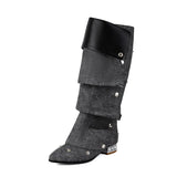 KYLETHOMASW  -  Women's Runway Denim Slouchy Boots Light Blue Chic Snap Fastener Boots Black Pearl Back Zip Modern Shoe Biggest Size 48