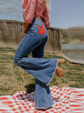 KYLETHOMASW  -  Vintage Women Contrast Five-point Star Patchwork Denim Flared Pants Baggy Dragging Jeans Trousers Chic Elegant Casual Short Pant