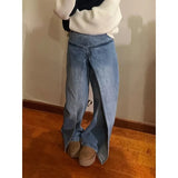 Kylethomasw Korean Retro Washed Splicing Casual All Match Jeans Women Spring New High Waist Loose Distressed Denim Wide Leg Pants