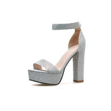 KYLETHOMASW  -  Sexy High Heels Platform Sandals For Women Silver Fashion Open Toe Crystal Buckle Thick Heel Wedding Party Female Designer Shoes