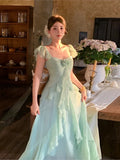 KYLETHOMASW  -  French Vintage Summer Green Elegant Sexy Evening Party Long Dress Women Sleeveless Backless Vacation Ruffles Slip Fairy Dress