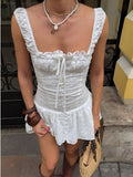 KYLETHOMASW  -  Spicy Girls White Summer Square Neck Tie Front Corset Waist Eyelet Ruffle Hem Mini Dress Women Girls Vacation Party Daily Wear