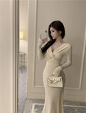 KYLETHOMASW  -  Sweet Hot Girl Sexy V-neck Twisted Dress Women's Autumn Lace-up Slim Fit Hip Wrapped Mermaid Long Dress Fashion Female Clothes