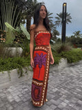 Kylethomasw Summer Women's Vintage Printed Tube Dress Fashion Strapless Slim Fit Midi Dresses Female Casual Hem Slit Beach Dress