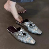 KYLETHOMASW  -  Women Mules Shoes Bling Flats Square Toe Slippers Elegant New Summer Sandals Dress Party Luxury Woman Slingback Shoes Mujer