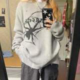 KYLETHOMASW  -  American Vintage Loose Hollow Out Knitwear Street Lazy Hiphop Printed Long Sleeve Pullover O Neck Ripped Solid Classic Sweater