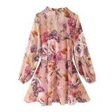 KYLETHOMASW  -  Ruffles V neck Floral Print Chiffon Full Sleeve Dress Woman Ball Tassel Lacing up Bow Waist Mini Summer Dresses Femme Robe