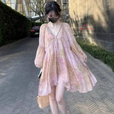 KYLETHOMASW  -  French Floral Spring Summer Style Pink Print Age Reducing Loose Oversized Sweet Temperament Vacation Long Sleeved Dress