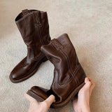 KYLETHOMASW  -  Women's Cowboy Boots Mid Calf Boots Western Short Embroidered Round Toe Low Heel Slip on Comfort Dress Slouchy Booties