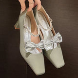 KYLETHOMASW  -  Elegant Bow Decoration Chunky Heel Pumps Women Luxury Rhinestone Ankle Strap Square Toe High Heels Fashion Wedding Bride Shoes