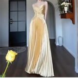 KYLETHOMASW  -  Golden Velvet Camisole Dress Women Spring Autumn Elegant Pleat Long Party Dress Luxury Diamond Vestidos Fashion 848P