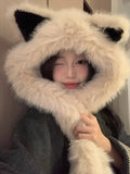 KYLETHOMASW  -  Sweet Hot Girl Thick Fox Ear Hat Women's Autumn and Winter Cut Furry Scarf Bomber Hats Fashion Female Trendy Accessories