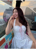 KYLETHOMASW  -  New Cream Pink Floral Halter Corset Mini Dress Lace Up Back Bow Tie Sweetheart Neck Ruffle Hem Lolita Fashion Dresses