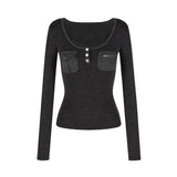 Kylethomasw Y2k Gray Long Sleeve T-shirts for Women White Knitted Base Shirt Pockets Safari Style Slim Low O-neck Autumn Clothes New
