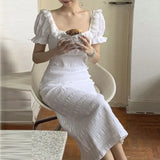 KYLETHOMASW  -  Fairy Beach Dress Women Lace Square Collar Belt Waist Slim Fit Folds Long Dresses Summer Puff Sleeve Elegant Vestidos