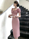 KYLETHOMASW  -  Summer Women Pink Sweet Midi Dress Elegant Sheer Sexy Puff Sleeve Corset Dresses Robe Cocktail Party Prom Daily Casual Vestidos