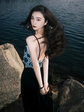 KYLETHOMASW  -  Velvet Slip Dress Women Summer Embroidery French Vintage Slim Robe Halter Dresses for Women Korean Fashion Vestidos