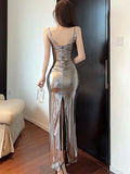 Kylethomasw Sexy Shiny Maxi Dress Women Silver Spaghetti Strap High Split Wrap Chest Slim Bodycon Robe Evening Party Club Long Vestidos
