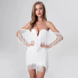 Kylethomasw New Women Fashion Tassel Bandage Dress Sexy V Neck Off Shoulder Bodycon Nightclub Celebrity Female Solid Party Mini Dresses