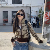 KYLETHOMASW  -  Zebra Print Knit Hooded Sweatshirt Sweater Fur Trimmed Retro Slim Long Sleeve Jacket Street Zip Up Full Winter Jumpers Coat
