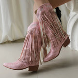 KYLETHOMASW  -  Women Fringe Western Boots Pink Sweet Embroidered Boots Brown Tassels Block Medium Heels Shoes Plus Size 48 Lady Winter