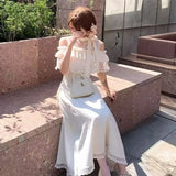 KYLETHOMASW  -  Lace Sweet Cloak Design White Dress Summer New Off Shoulder Bow Short Sleeve Waist Slimming A-line Long Dress for Women