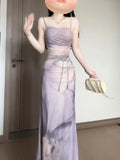 KYLETHOMASW  -  Sweet Purple Butterfly Printed Strap Camisole Dress for Women Summer Sexy Slim Fit Hip Wrapped Fishtail Long Dresses