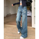 Kylethomasw High Waist Loose Casual All Match Jeans Women Autumn New Korean Fashion Splicing Washed Denim Wide Leg Pants