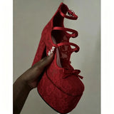 KYLETHOMASW  -  Women Sweet Lolita Floral Lace Platform Block Heel Pumps Triple Satin Mary Jane Straps Bow Round Toe Back Zip High Heels