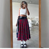 KYLETHOMASW  -  Sexy Plaid Patchwork Split Skirt Spicy Girl Belt A-Line Skirt High Waist Pleated Midi Skirts Women Y2k Harajuku Streetwear 135A
