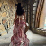 KYLETHOMASW  -  Chic Vintage Women's Pink Floral Print High Low Maxi Skirt Ruffle Layered Hem Boho Wedding Summer Beach Vaction Fashion Skirts