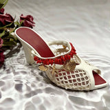 KYLETHOMASW  -  Women Mesh Mule Heels Red Coral Beads Seashell Decor High Heel Summer Beach Vacation Fashion Sandals Open Back Slip On Party