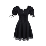 KYLETHOMASW  -  Women Lace Spliced Party Mini Vintage Dresses Puff Sleeve V Neck Low Waist A-line Summer Dress Lace Up Birthday Robe