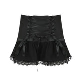 KYLETHOMASW  -  New Fashion Bow Tie Lace Black Skirt for Women Summer Chic Sweet Low Waist Slimming Spicy Girl A-line Ultra Short Mini Skirts