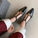 KYLETHOMASW  -  New Retro Women's Mary Jane Leather Buckle Thick Heel Square Toe Women's Metal Flower Women's Shoes 34-40