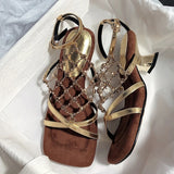 KYLETHOMASW  -  Roma Style Hollow Out Crystal Mesh Women Sandals Cozy Square Open Toe Strange Low Heels Shoes Summer Gladiator Sandalias