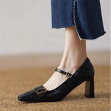 KYLETHOMASW  -  Metal Buckle Decoration Mary Jane Shoes Women Comfortable Leather High Heels Elegant Chunky Heel Women Pumps Zapatos De Mujer